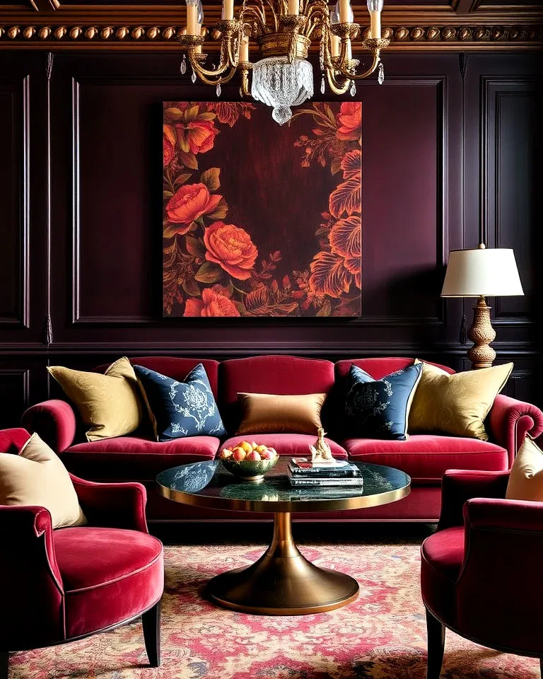 Velvet upholstery in jewel tones for New Orleans style interiors