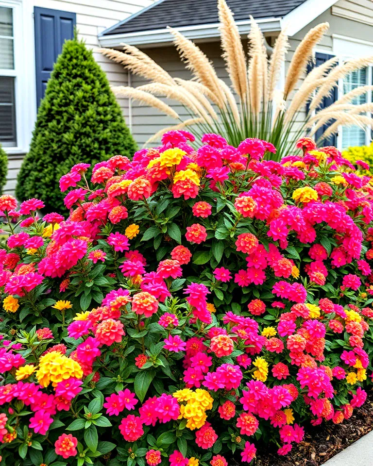 low lantana hedge framing flower beds