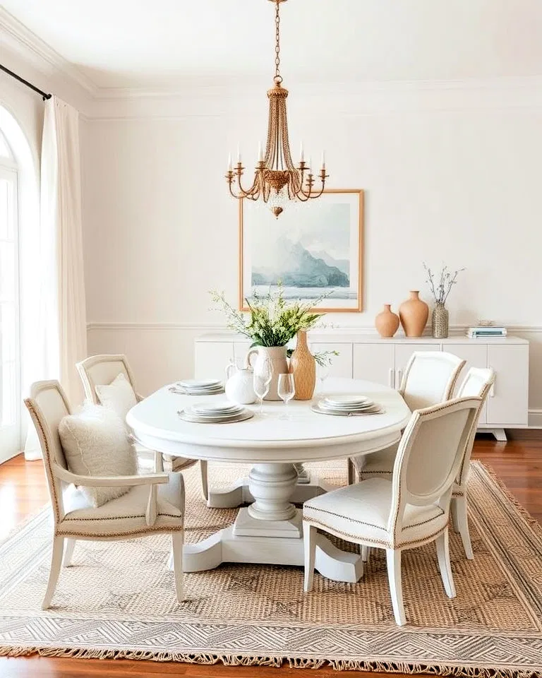 Dining room with layered white tones and textures
