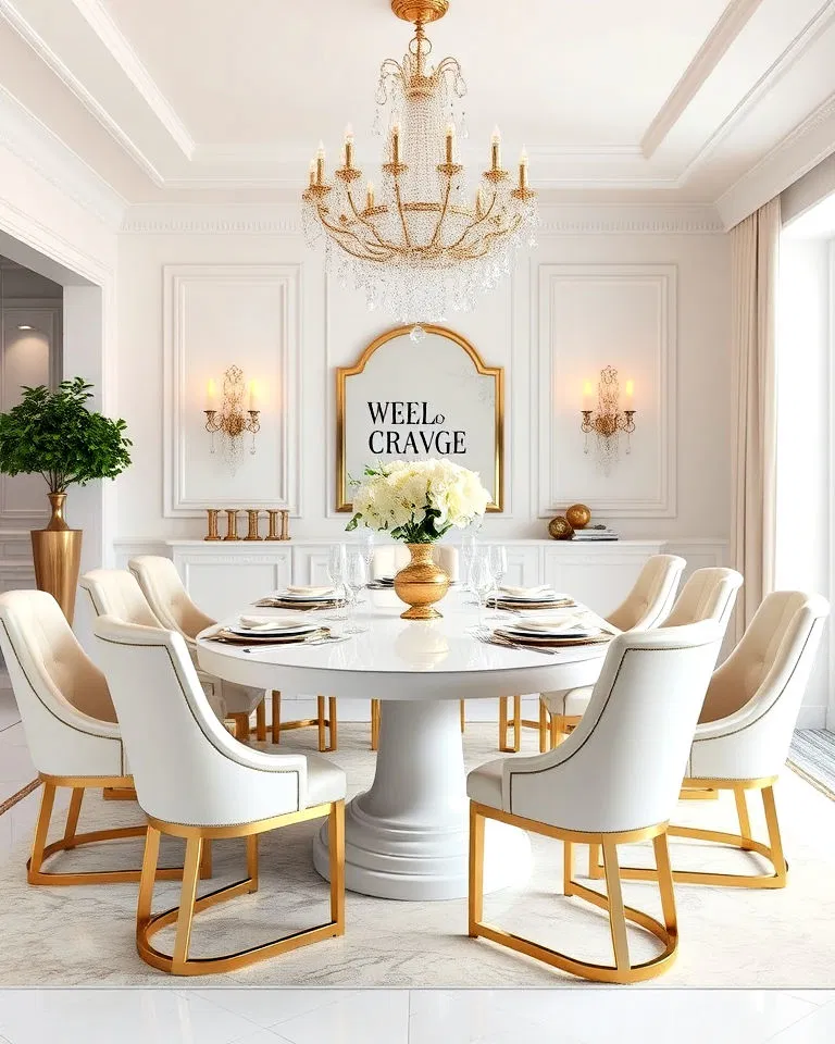 Glamorous white dining room with gold accents