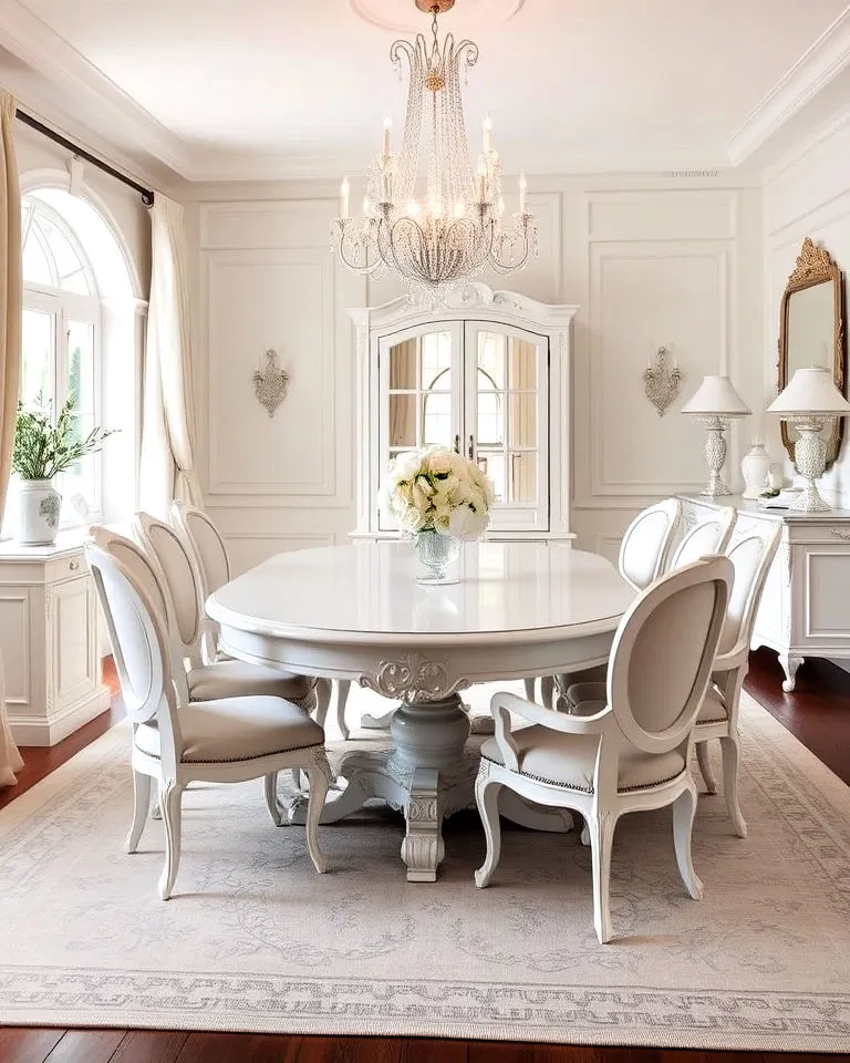 Classic white dining room with ornate furniture