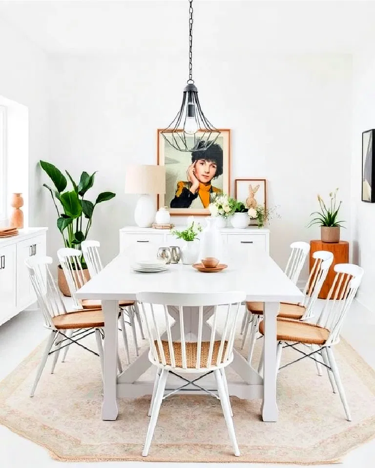 Eclectic white dining room with mixed furniture