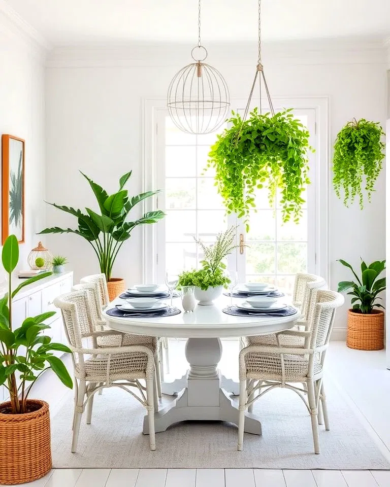 White dining room with natural greenery