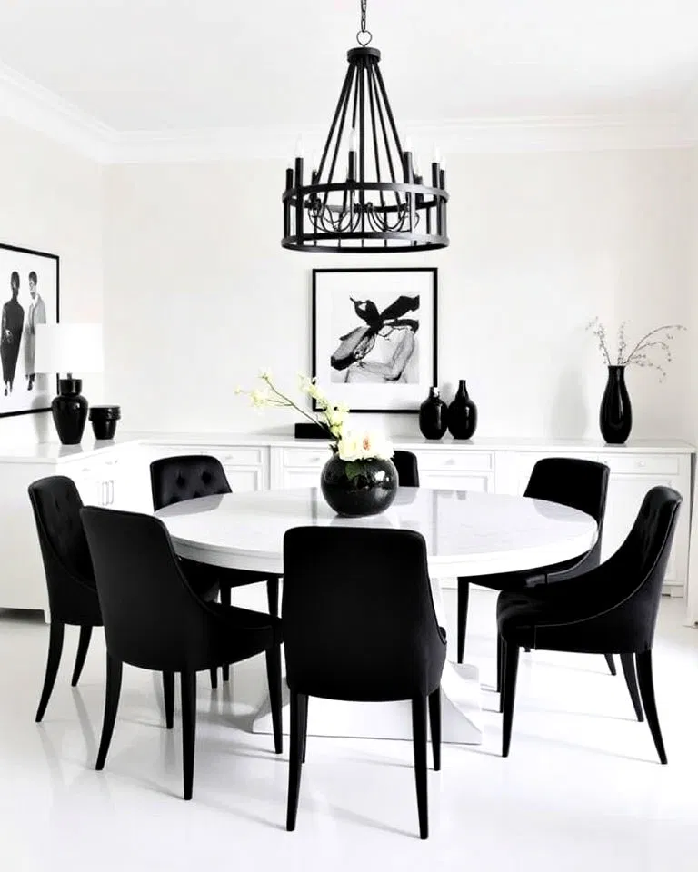 White dining room with black accent furniture