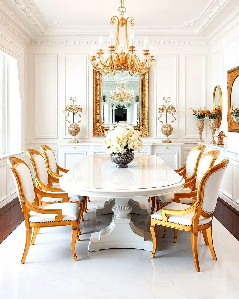 White dining room with gold accents