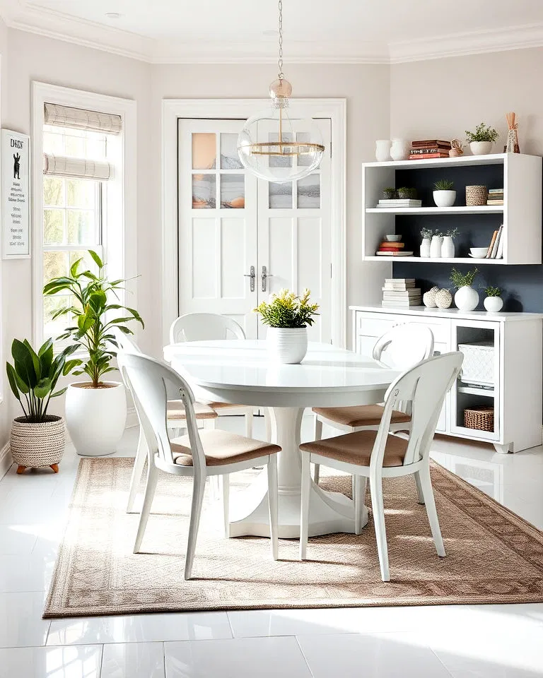 Family-friendly white dining room with durable finishes