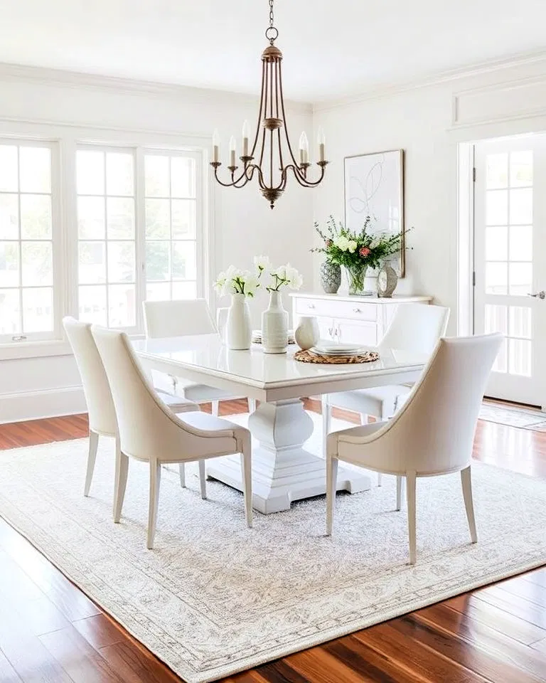 Transitional white dining room blending styles