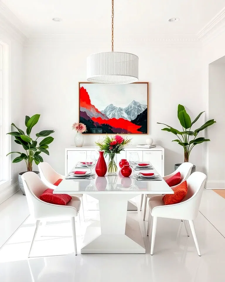 White dining room with bold colorful accents