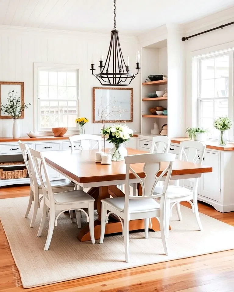 White dining room with warm wood accents