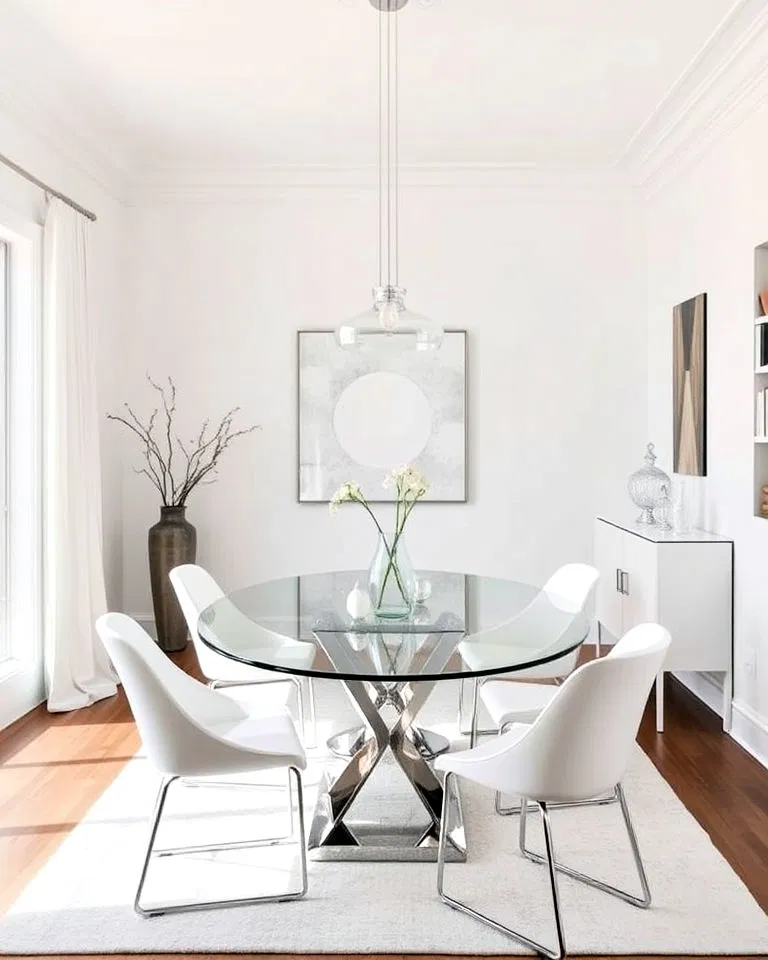 Elegant white dining room with glass table