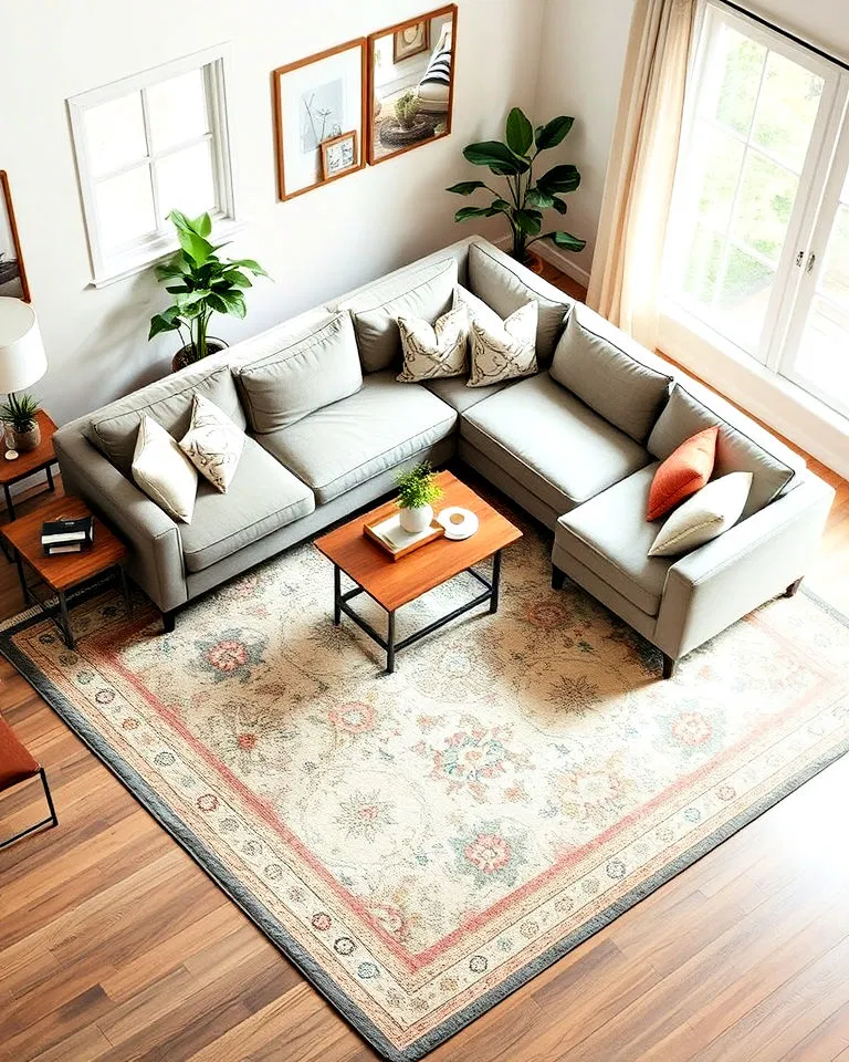 Sectional sofa arranged around a large patterned rug