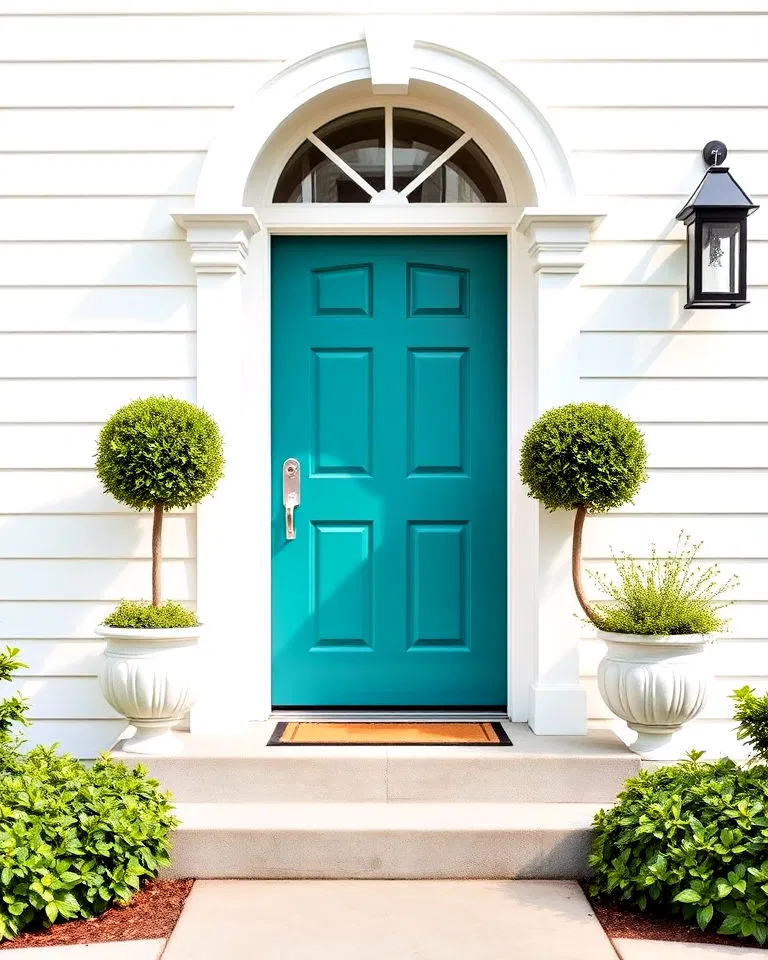 teal and white front door contrast