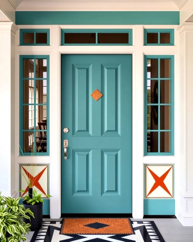 teal door with geometric patterns