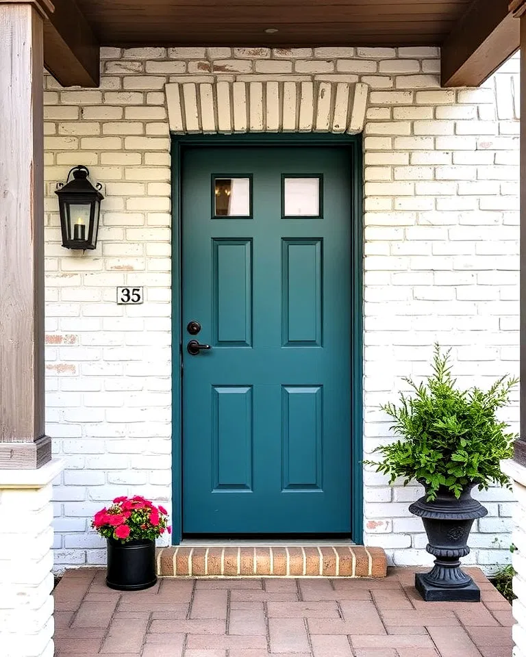 teal door with whitewashed brick