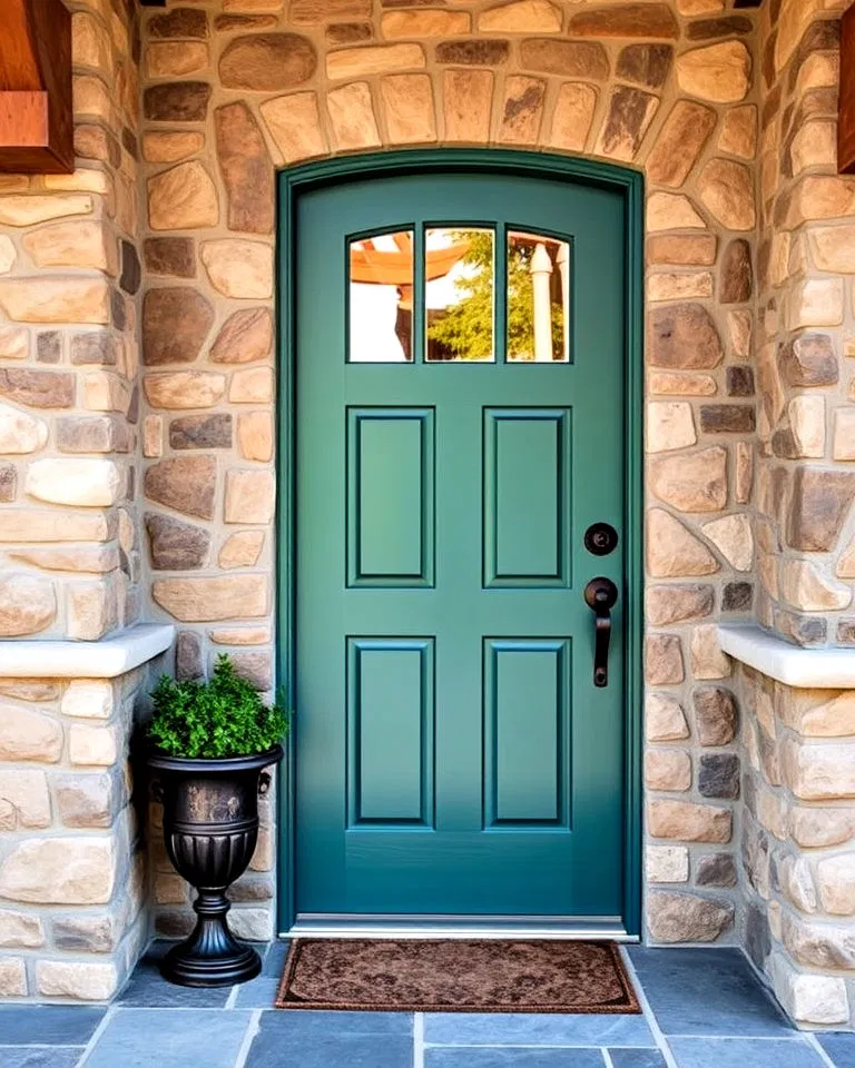 teal door with natural stone accents