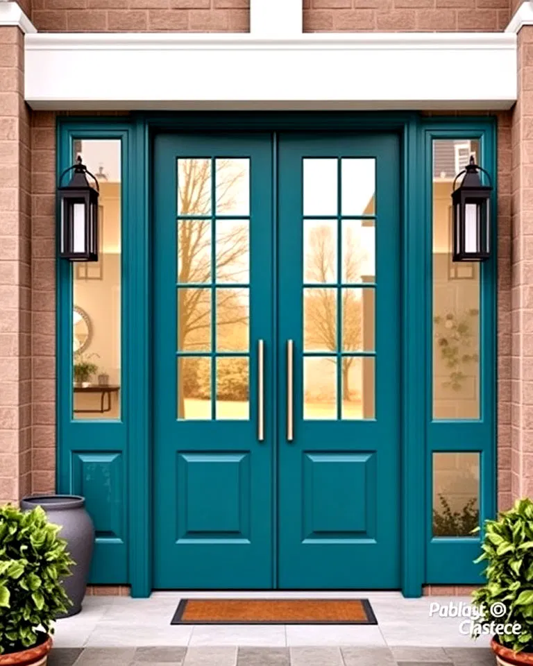 teal door with glass panels