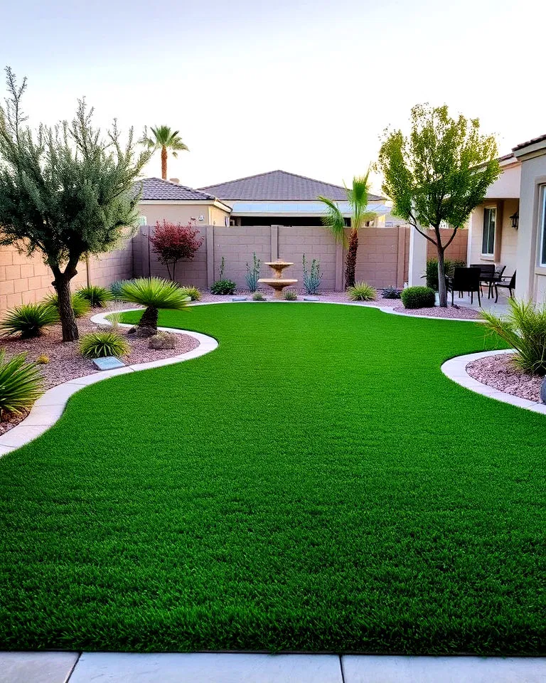 Artificial turf lawn in backyard