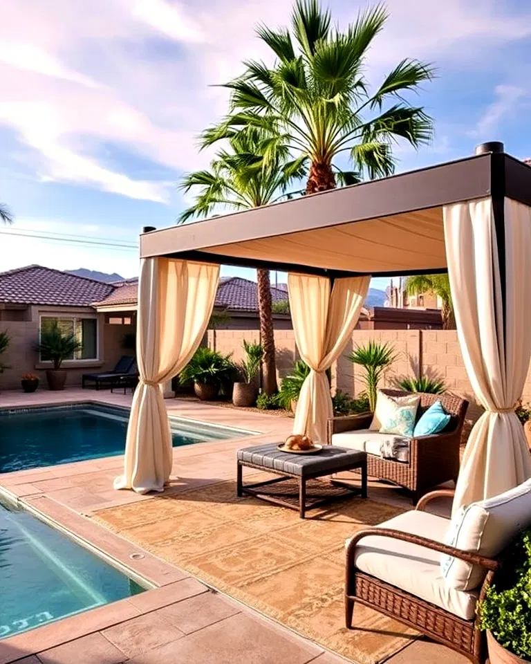 Poolside cabana with curtains