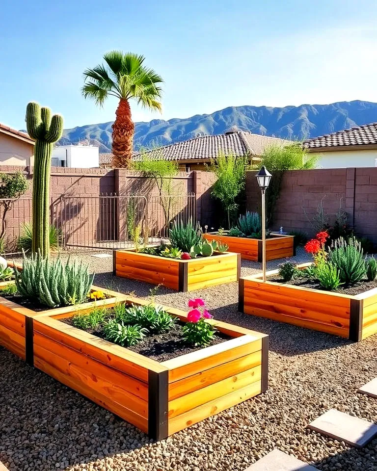 Raised garden beds in backyard