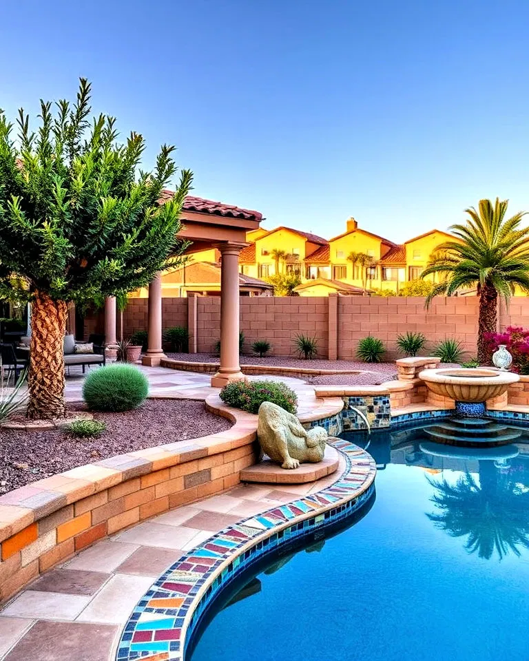 Mosaic tile accents on patio