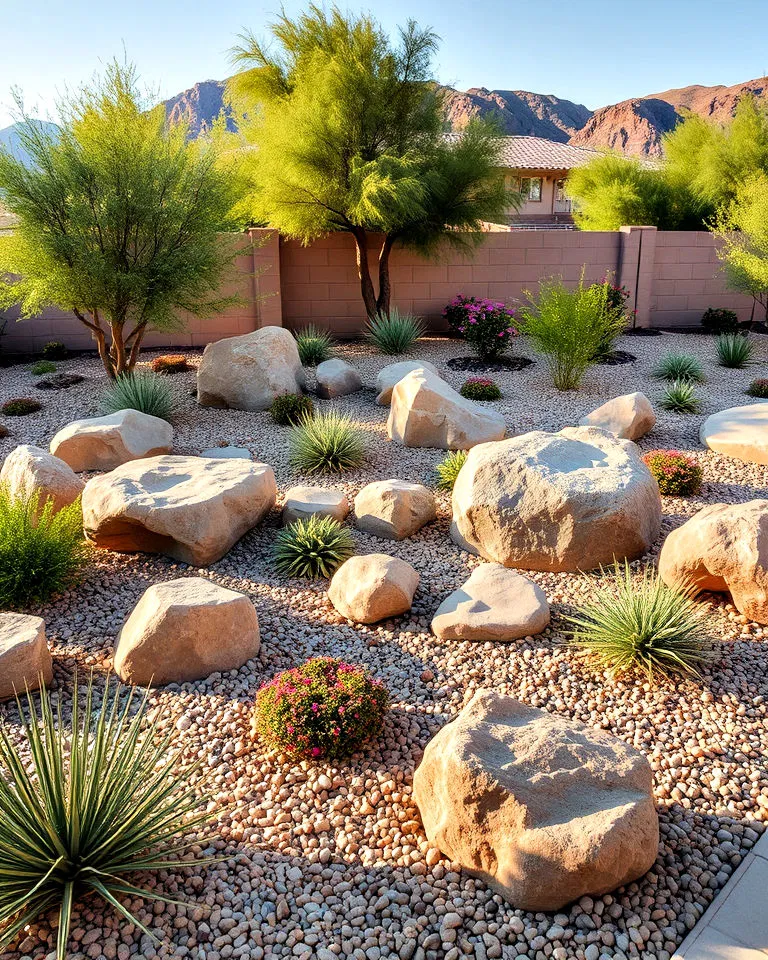Decorative boulders in backyard landscaping