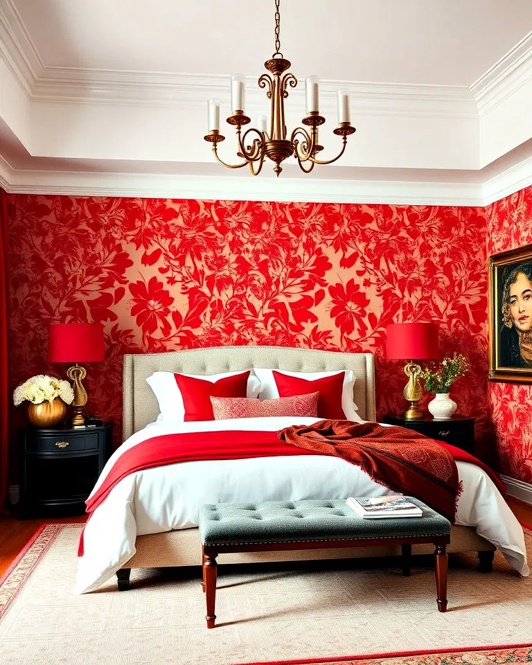 red patterned wallpaper in bedroom