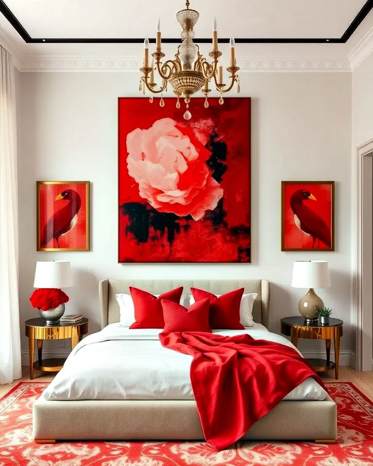 red wall art in bedroom