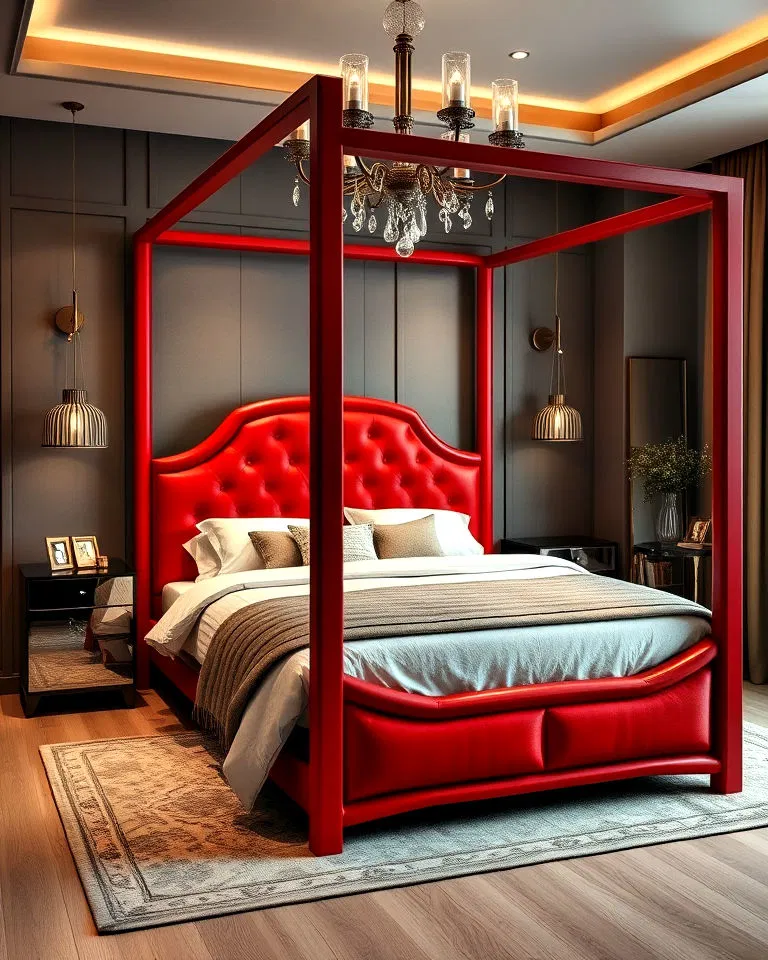 red bed frame in bedroom