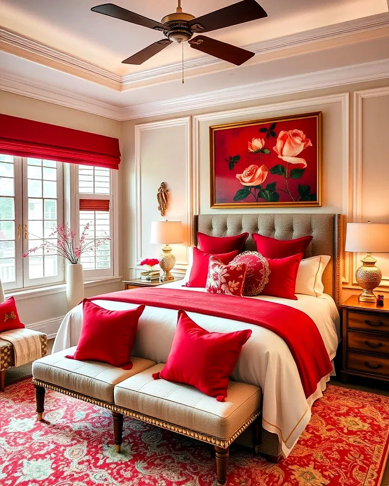 red throw pillows on bed