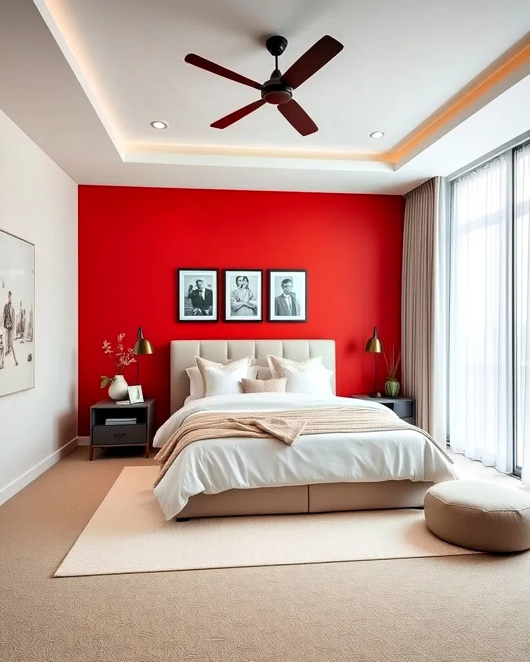 red accent wall in neutral bedroom