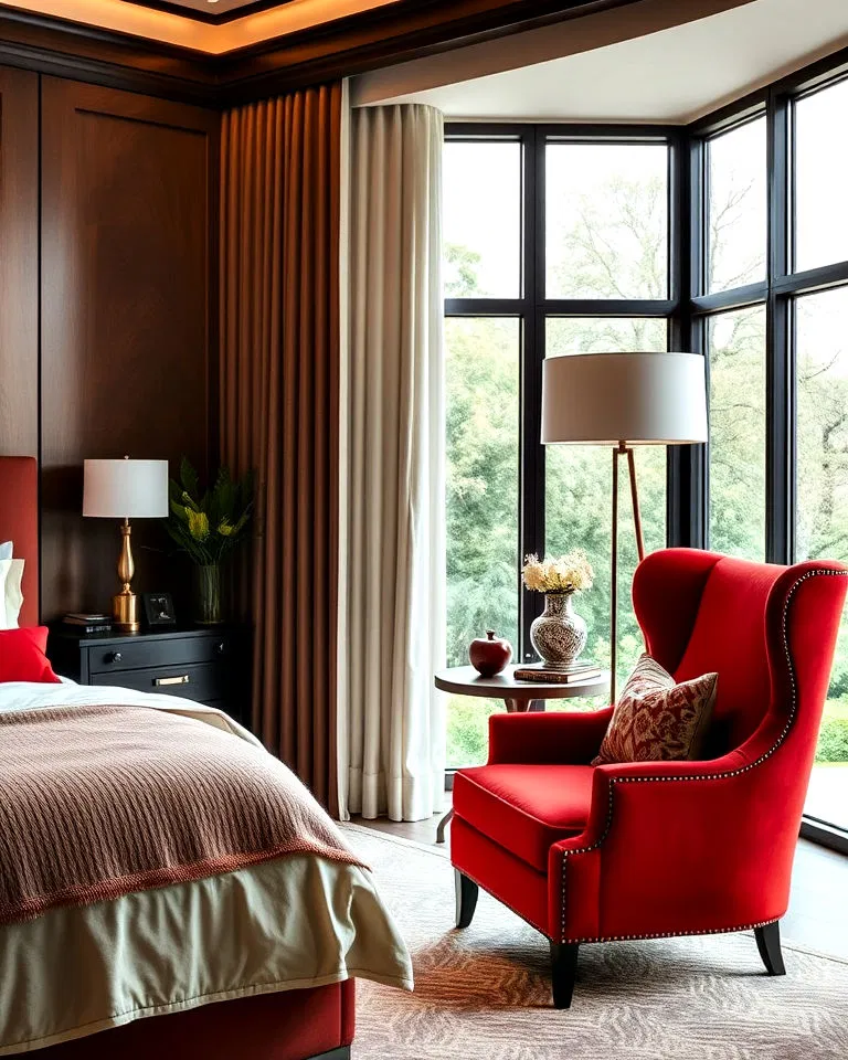 red accent chair in bedroom