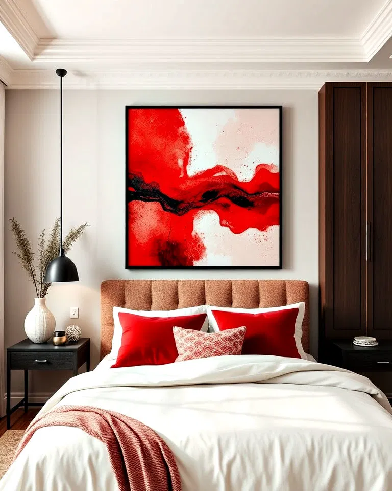 red wall art in bedroom