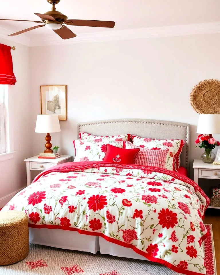 red bedding with patterns