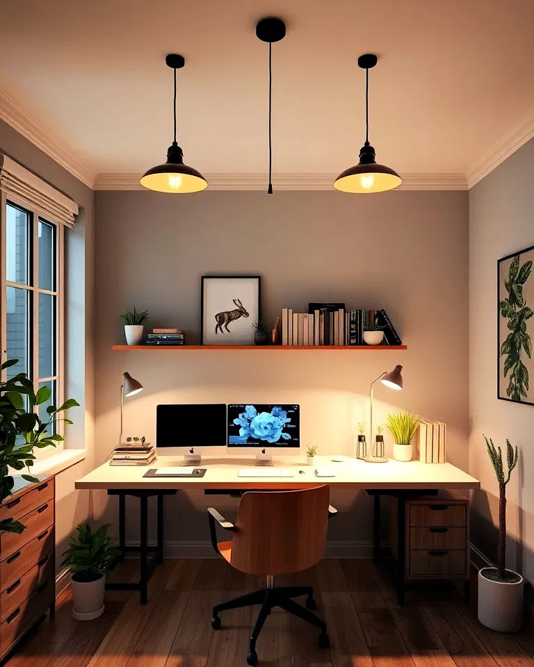 pendant lights above a desk
