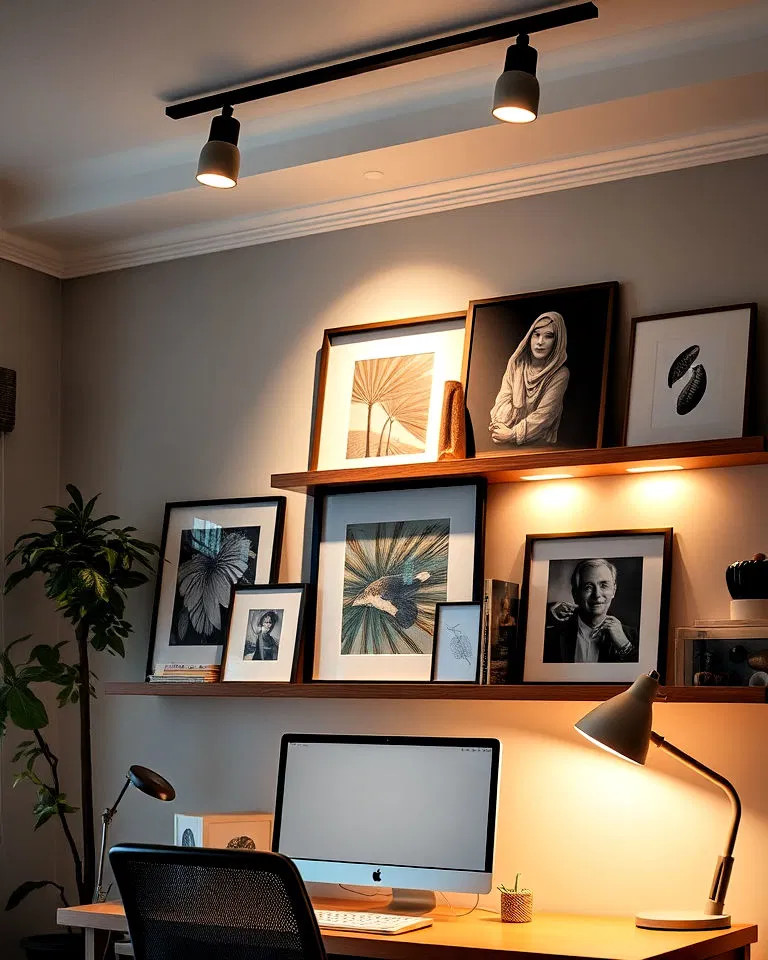 picture lights mounted above the artwork