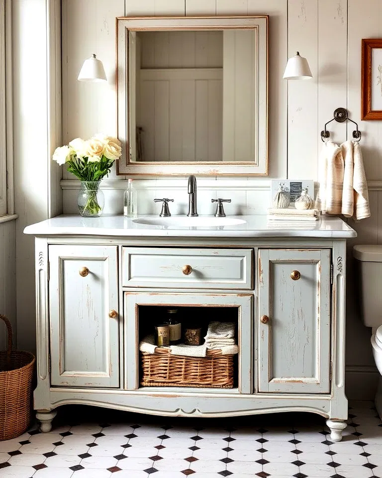 Distressed shabby chic vanity in French country bathroom