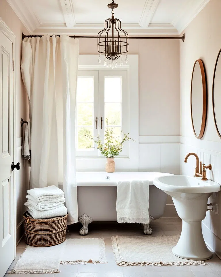 Soft linen towels enhancing French country bathroom design