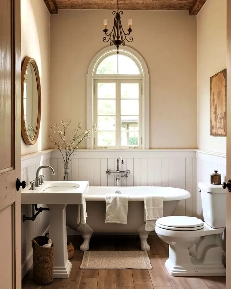 Earthy tones creating a cozy French country bathroom