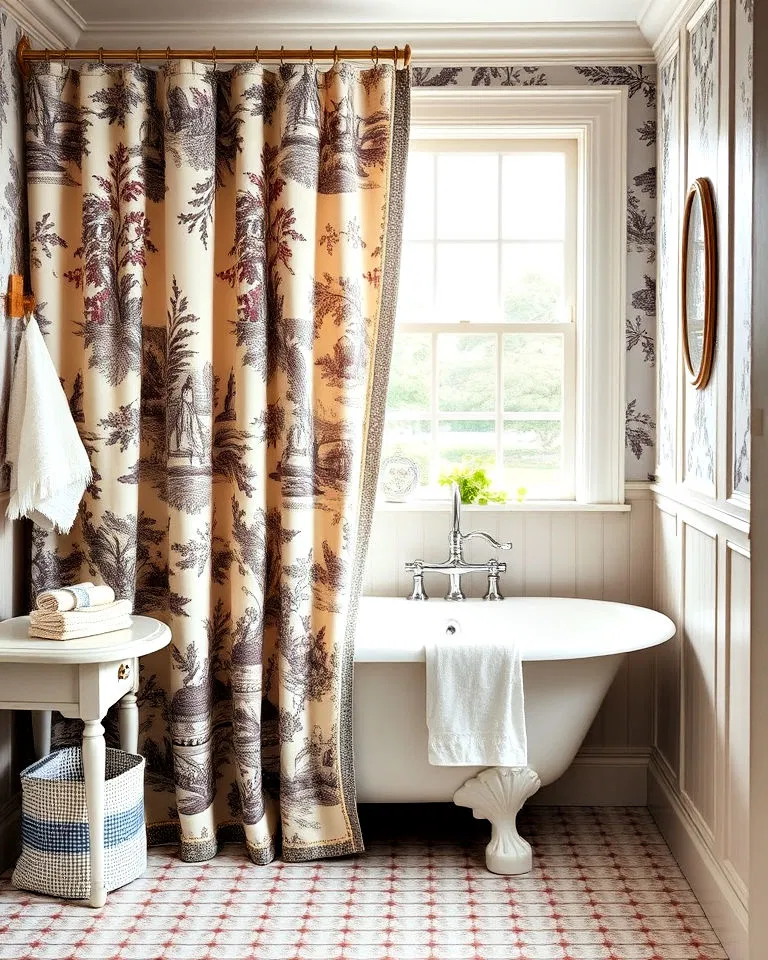 French toile curtains in bathroom