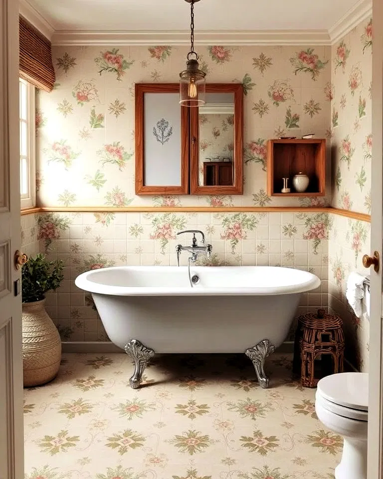 Hand-painted ceramic tiles in French country bathroom
