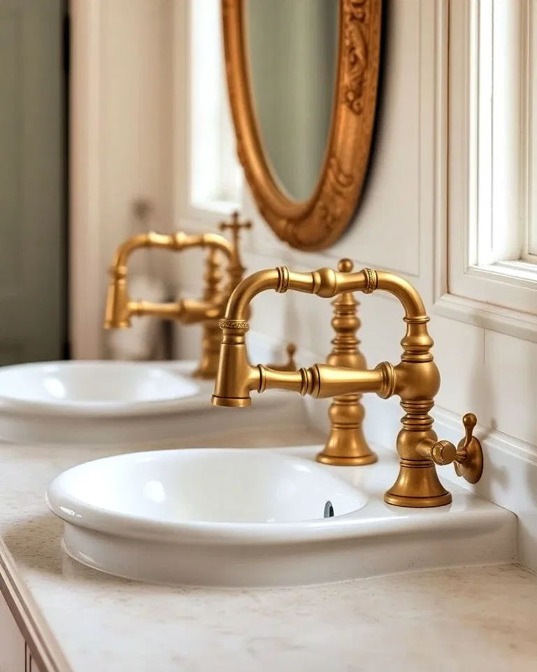 Vintage brass faucets in French country bathroom
