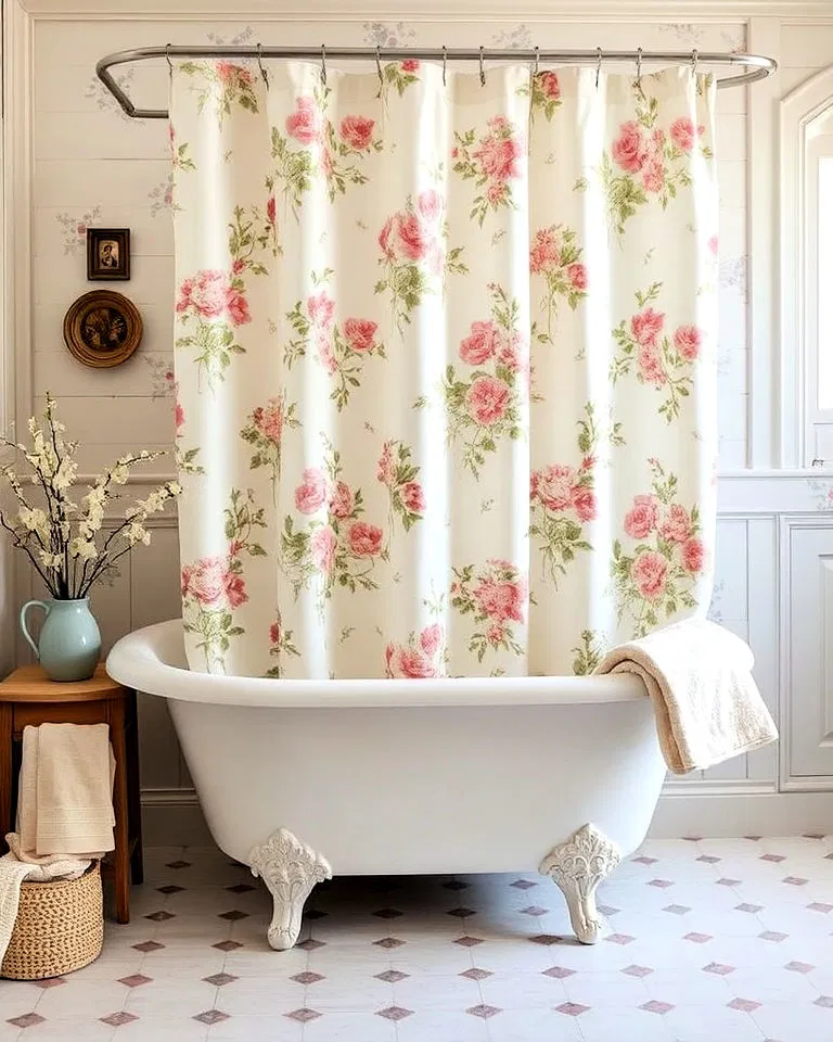 Floral patterned shower curtain in French country bathroom