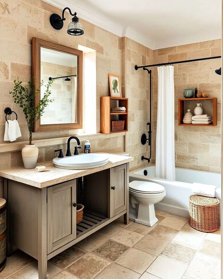 Weathered stone accents in French country bathroom