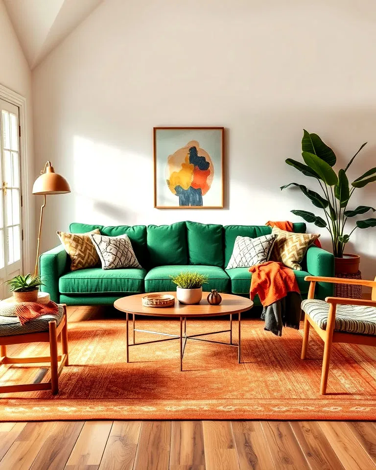 green sofa with earthy tones living room