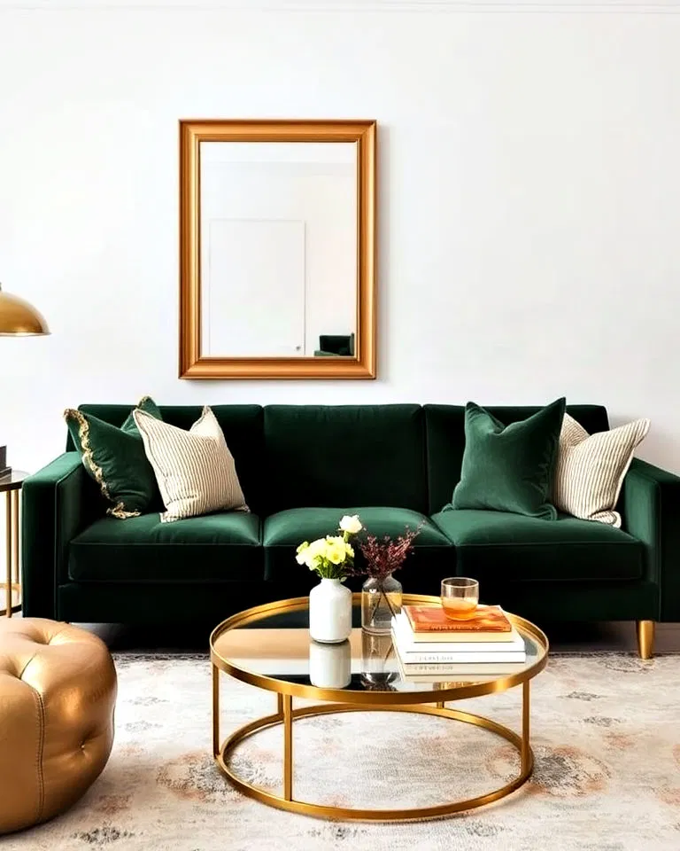 green sofa with metallic accents
