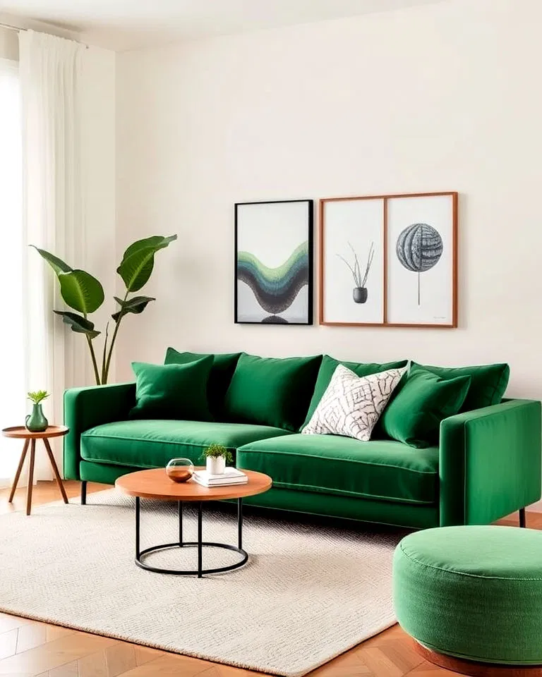 green sofa as focal point in minimalist living room