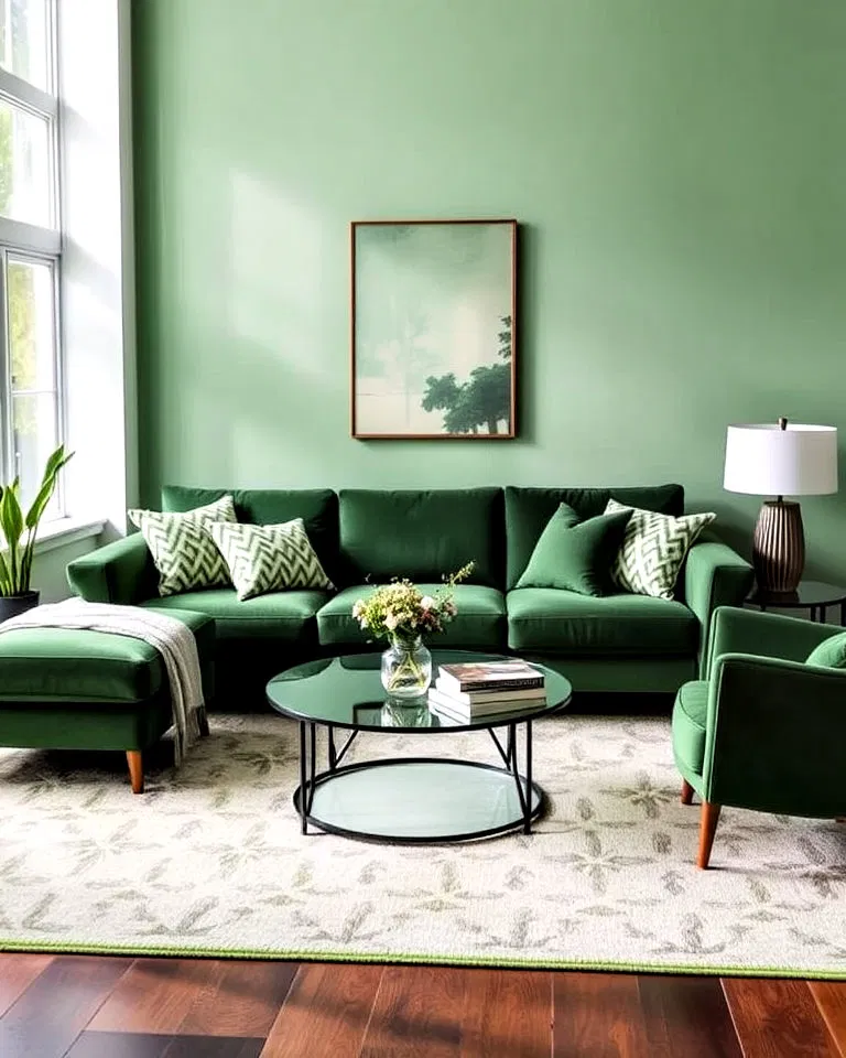 monochromatic green living room with green sofa