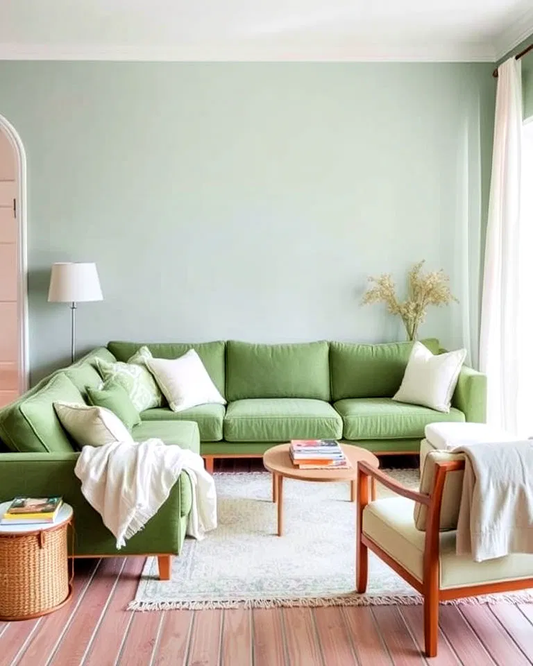 green sofa with light airy fabrics