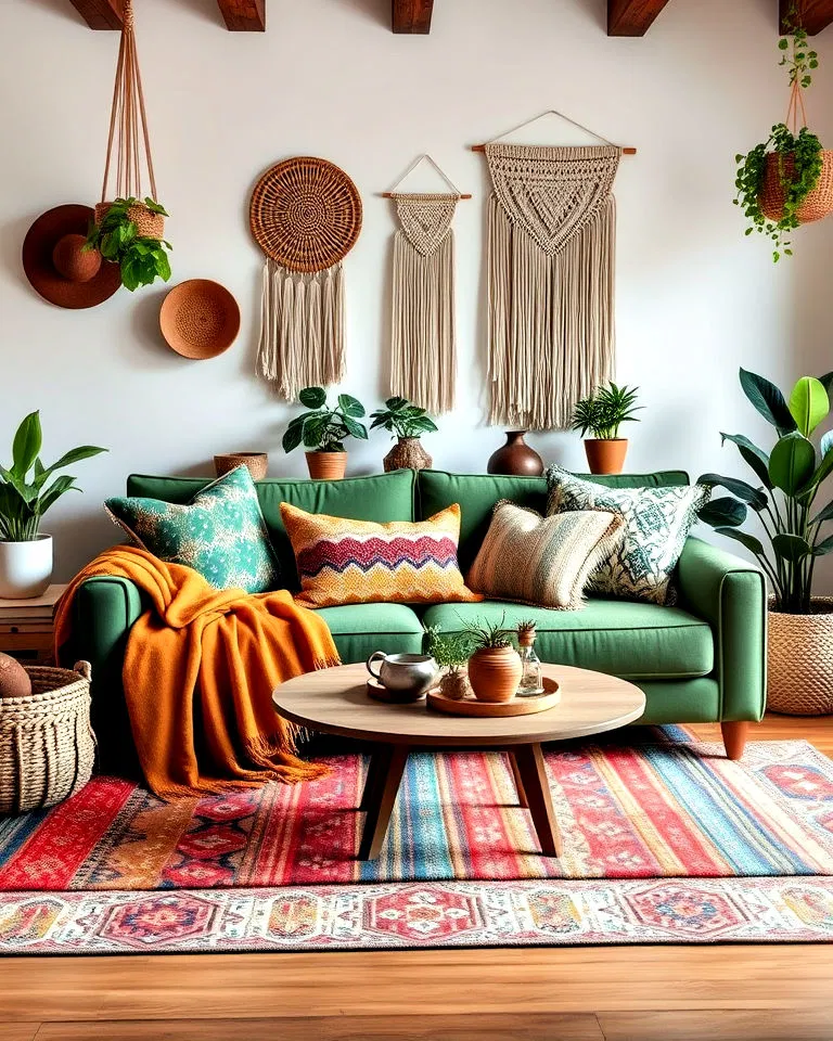bohemian living room with green sofa
