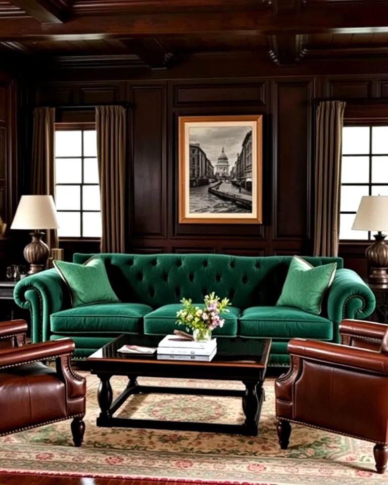 green sofa with dark wood and leather accents